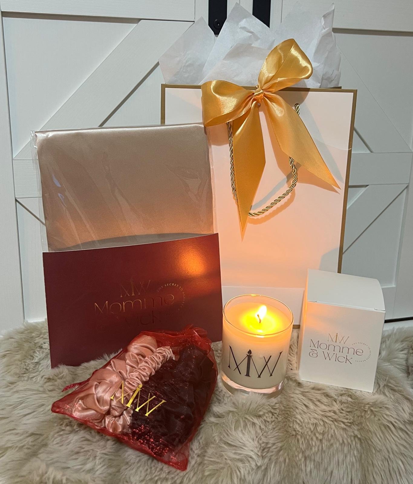 Momme & Wick gift box with ribbon, candle and silk pouch