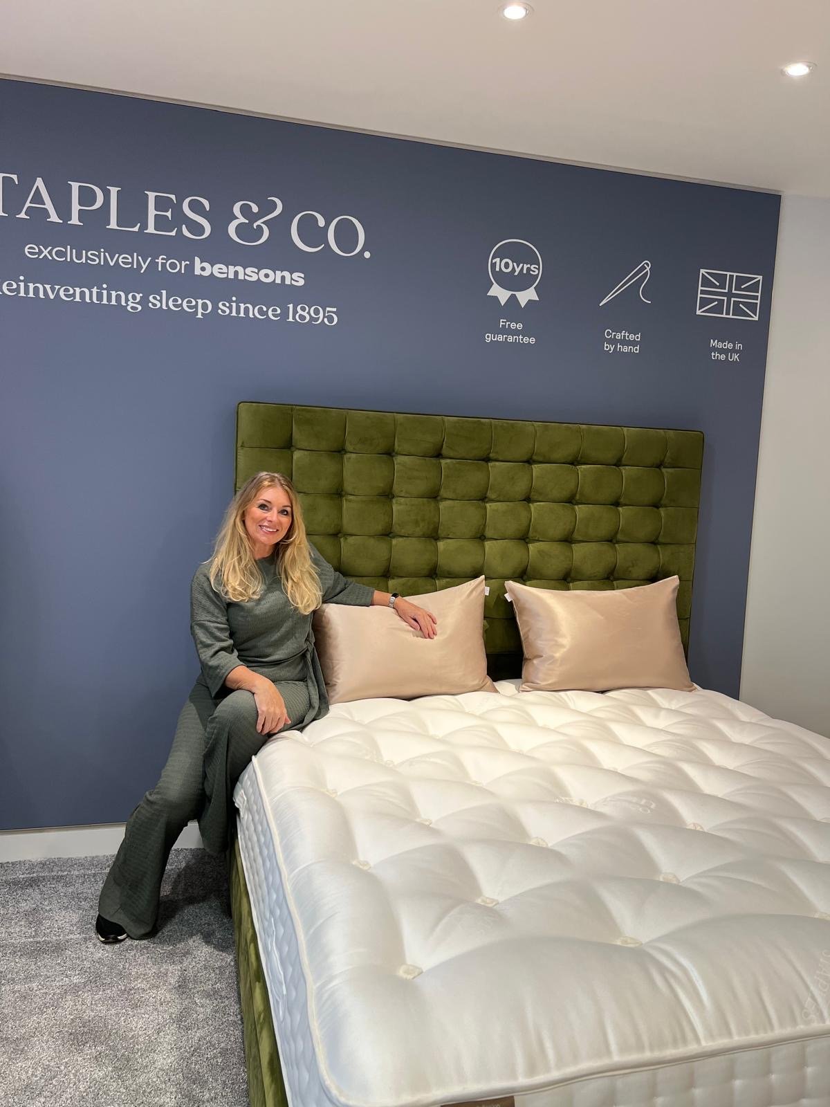 Gail Fielding on a bed dressed with Momme & Wick silk